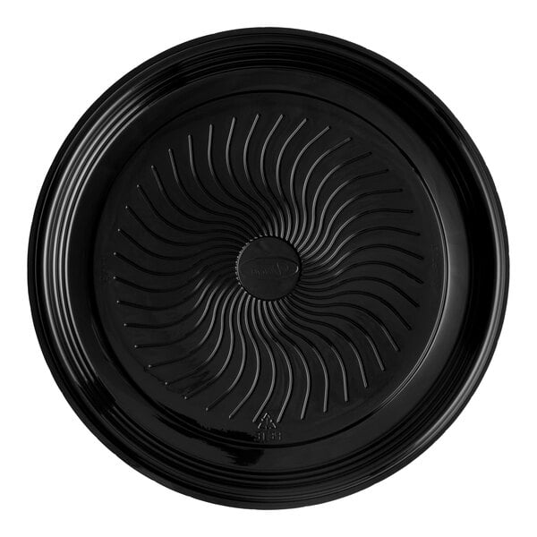 A black 16-inch round PET plastic catering or deli tray with a swirl pattern on the base.