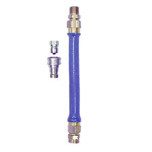 a blue hose with silver connectors