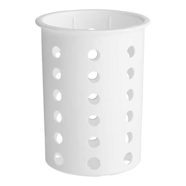 A white Steril-Sil plastic flatware cylinder with holes.