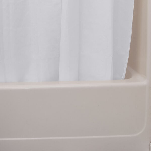 An Oxford white 100% polyester shower curtain hanging in a bathtub.