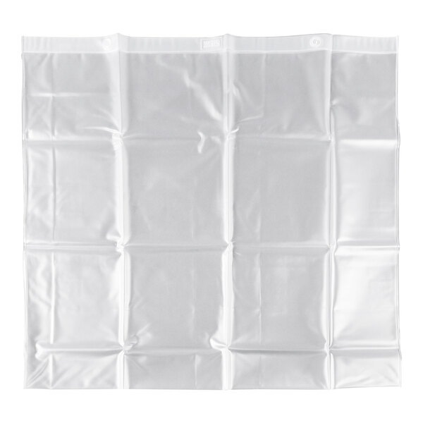 A close-up of a white plastic bag with many folds and a crease.