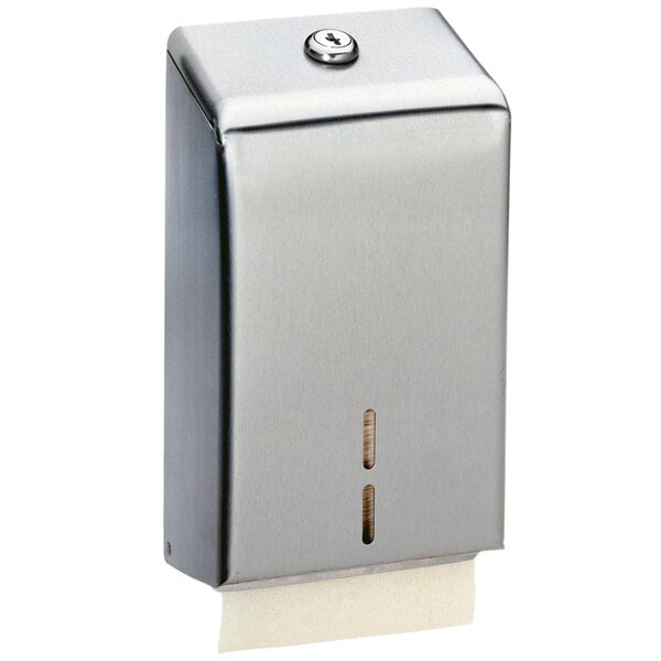 A stainless steel Bobrick surface-mounted toilet paper cabinet.