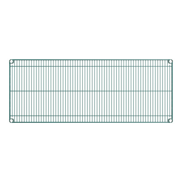 A rectangular green wire shelf with a grid pattern and four corner mounting holes.