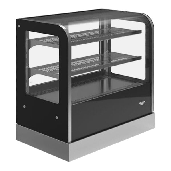 A black Vollrath countertop display case with glass shelves.