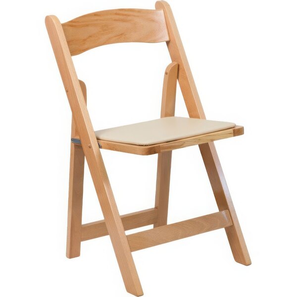 A wooden folding chair with a tan cushion.