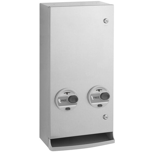 A white rectangular stainless steel Bobrick sanitary napkin and tampon dispenser with buttons.