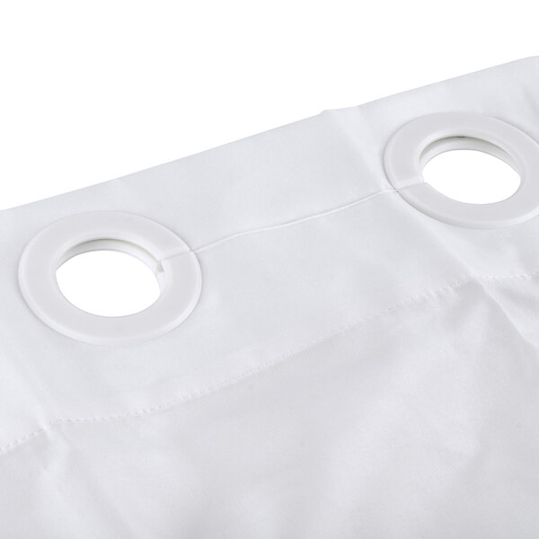 A white Oxford 100% polyester shower curtain with two ringless holes.