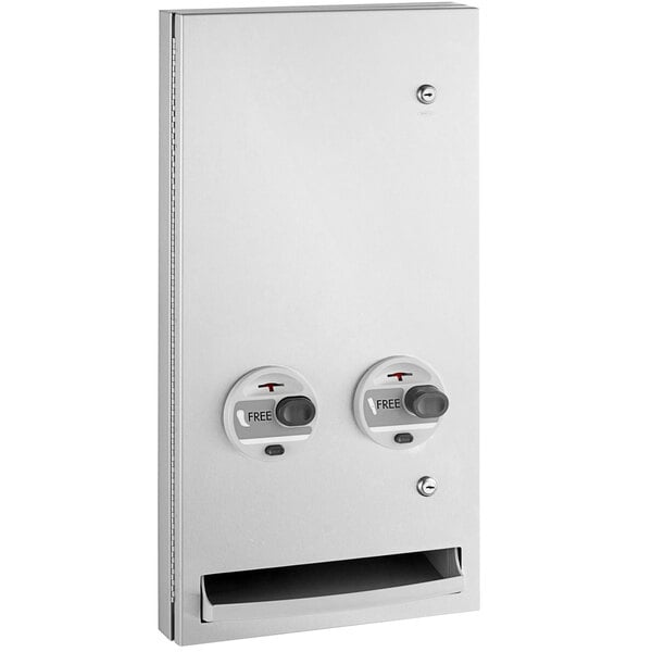 A stainless steel Bobrick TrimLine napkin/tampon dispenser with two buttons.