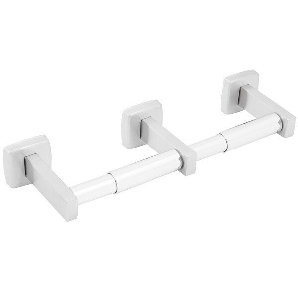 A white metal Bobrick surface-mounted double toilet tissue dispenser.