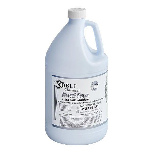 A white bottle of Noble Chemical Bacti-Free Concentrated Third Sink Sanitizer liquid.