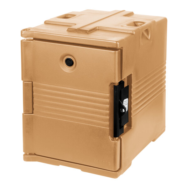 A tan plastic container with a black door.