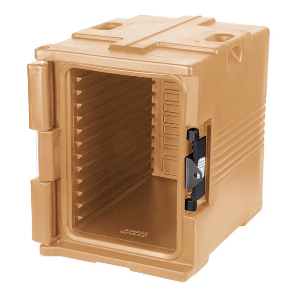 A brown Cambro insulated food pan carrier with a door open.