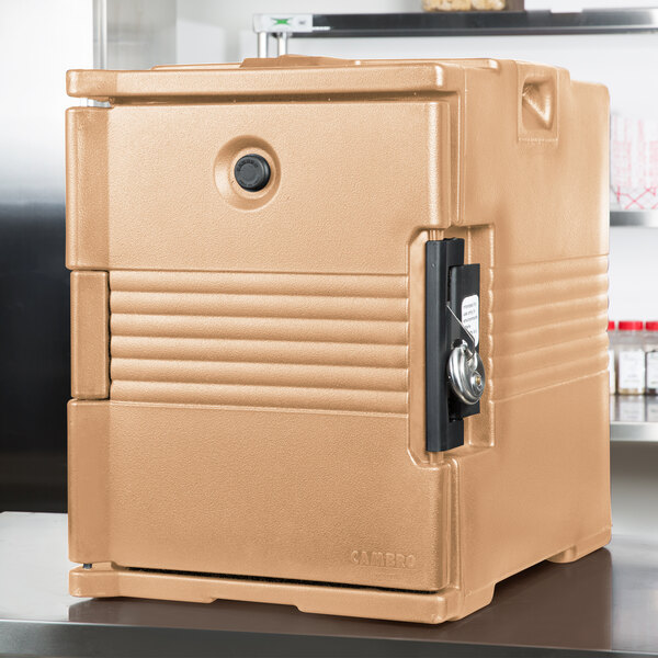 A brown plastic box with a lock and white background.