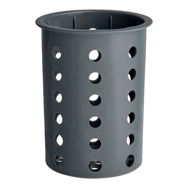 A gray plastic flatware cylinder with holes.