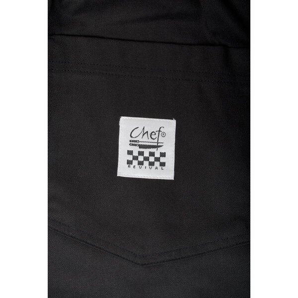 A close-up of Chef Revival black cargo chef pants with a checkered label.