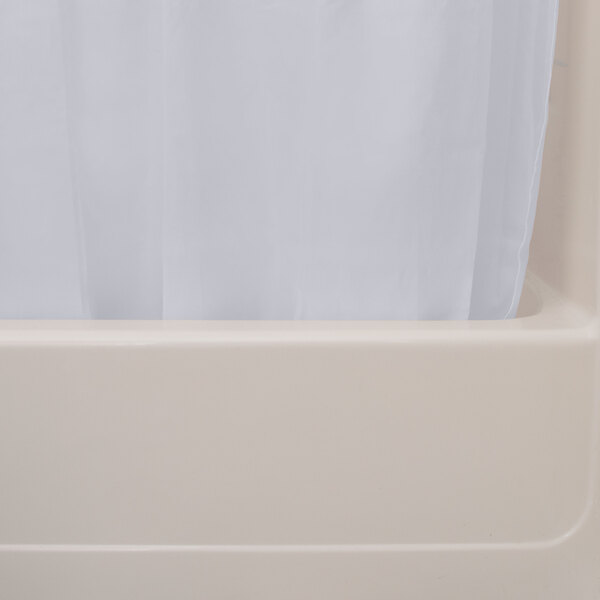 An Oxford white shower curtain with a sheer voile window hanging in a bathtub.