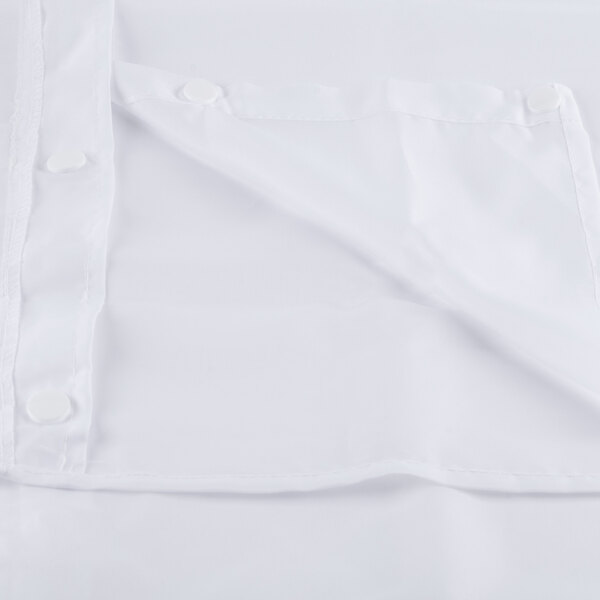 A white Oxford shower curtain with sheer voile window and removable liner.