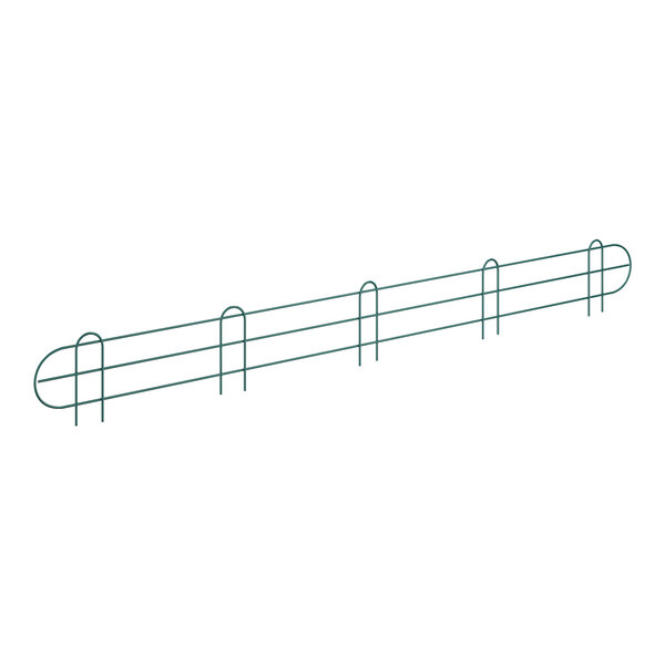 A green wire shelf ledge on a wire shelf with a long curved line of wire.