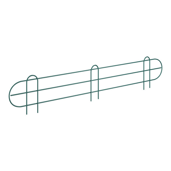 A green metal wire shelf ledge with a long curved line.