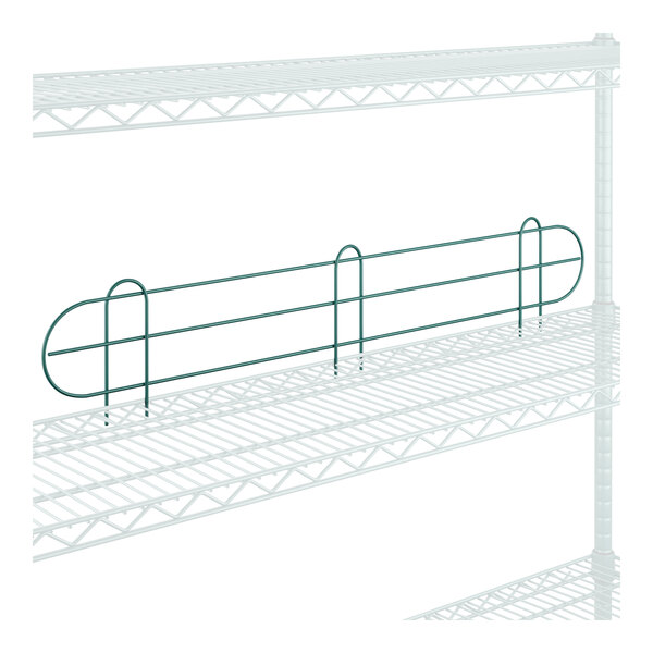 A wire shelf with a green metal railing on it.