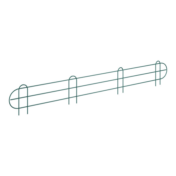 A green wire shelf ledge on a wire fence with white background.