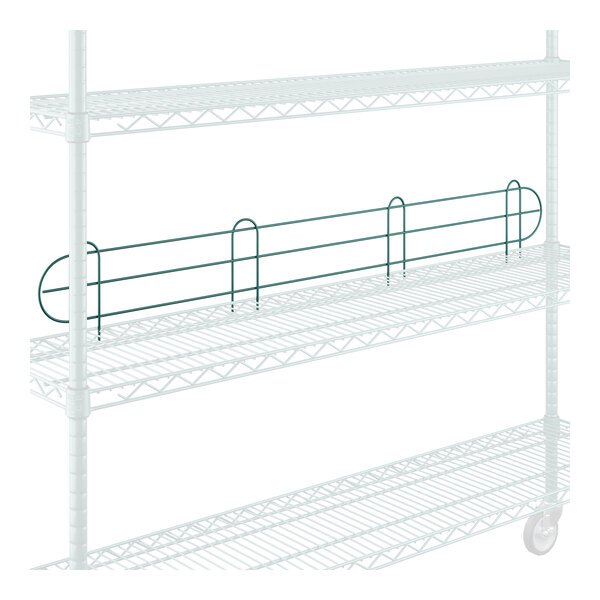 A white metal shelf with a green wire ledge.