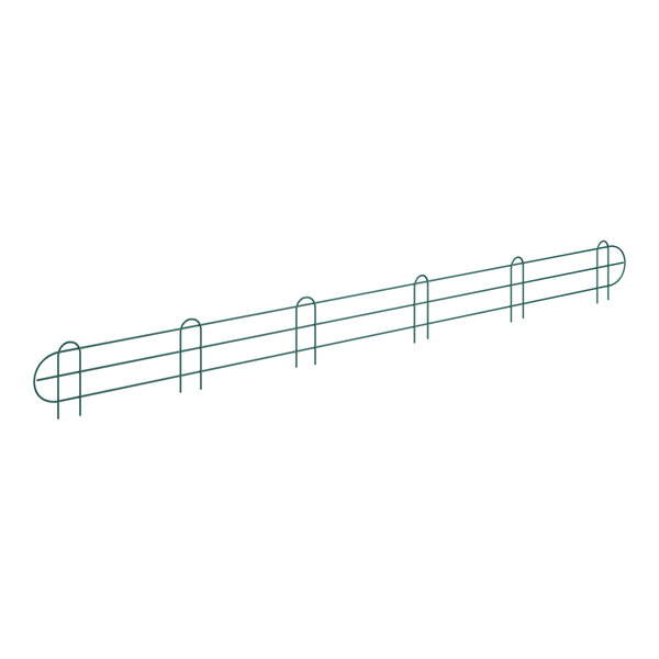 A green wire shelf ledge on a long row of wire shelves.