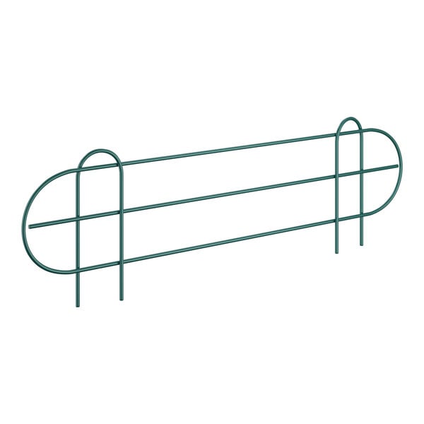 A green metal fence with a curved design on a metal bar.