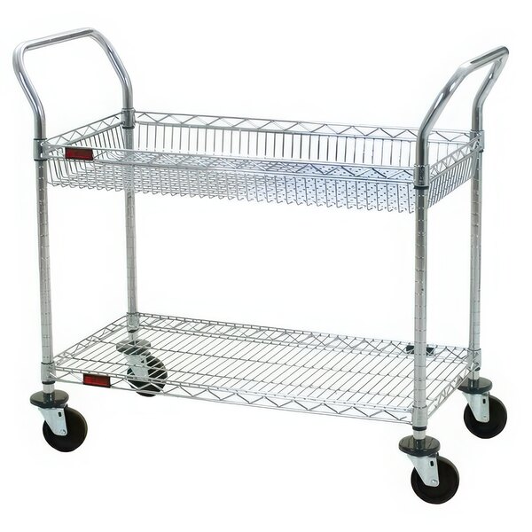 A silver chrome metal Eagle Group utility cart with two shelves.