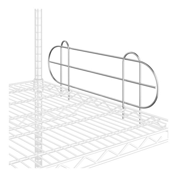 A chrome metal wire shelf ledge on a white metal rack.