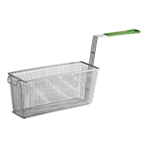 A Frymaster stainless steel fryer basket with a green handle.