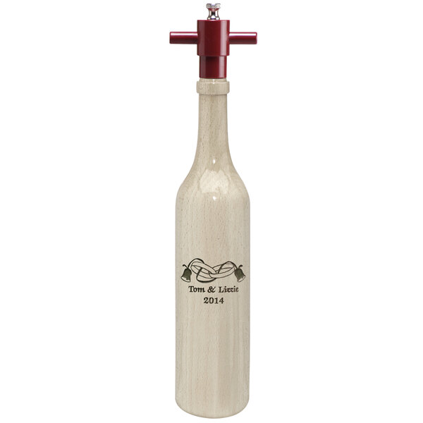 A natural finish wine bottle pepper mill with a red spout shaped like a wine bottle.