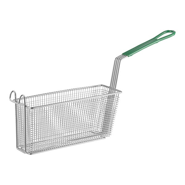 A Frymaster wire fryer basket with green handles.
