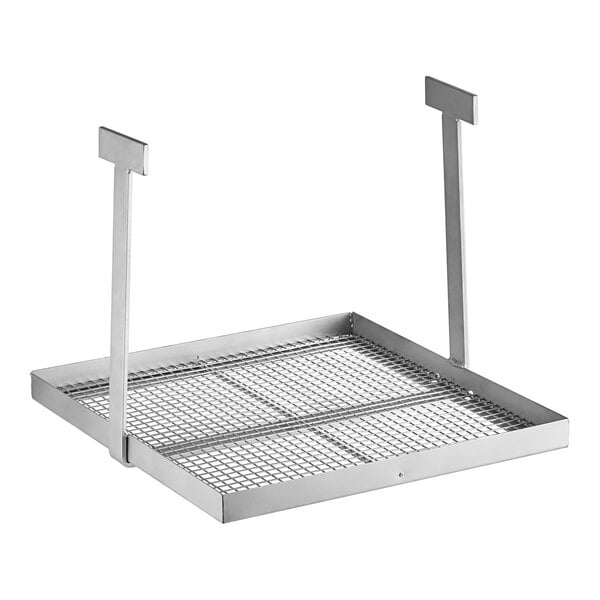 A metal grid with metal handles designed to fit inside a fryer.