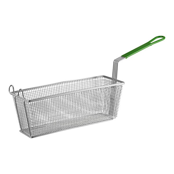 A close-up of a metal Frymaster triple fryer basket with a green handle.