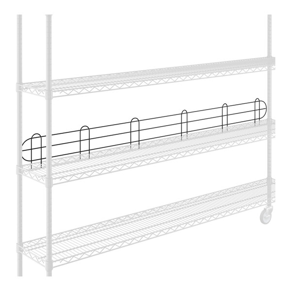 A black metal wire shelf ledge on a white metal shelving unit.
