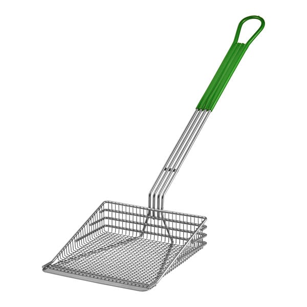 A metal wire basket with a green handle.