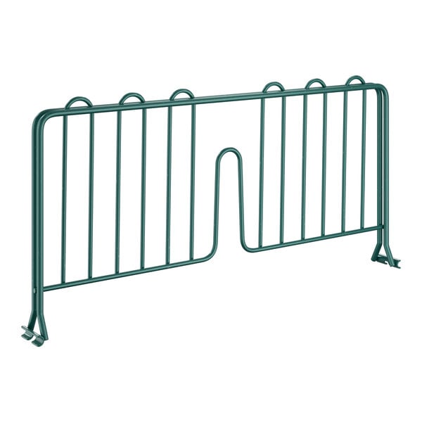 A close-up of a green metal shelf divider with two bars.