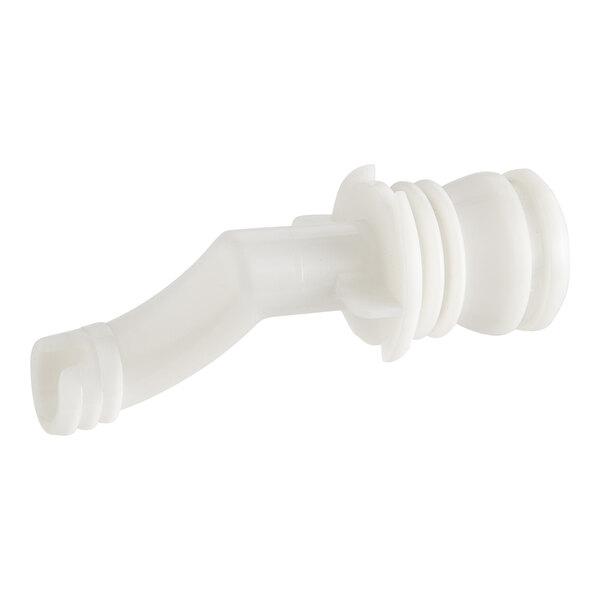 A close-up of a white plastic nozzle with a plastic connector.