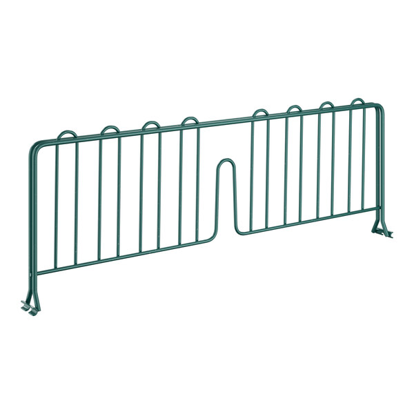 A green metal wire shelf divider with two bars.