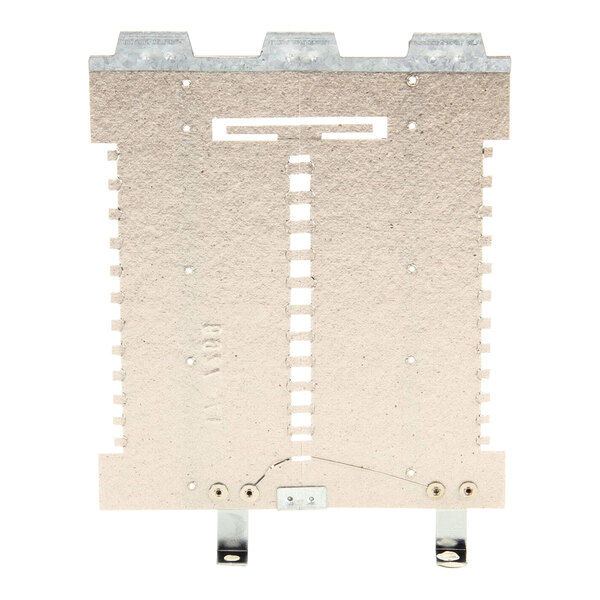 A white metal plate with two holes in it.