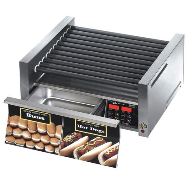 A Star hot dog roller with a bun drawer filled with hot dogs.