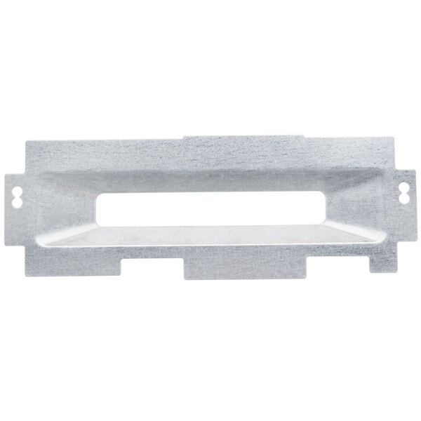 A silver rectangular metal plate with holes.