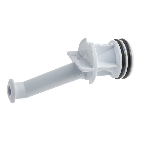 A white plastic Bunn Quick Stop nozzle with black seals.