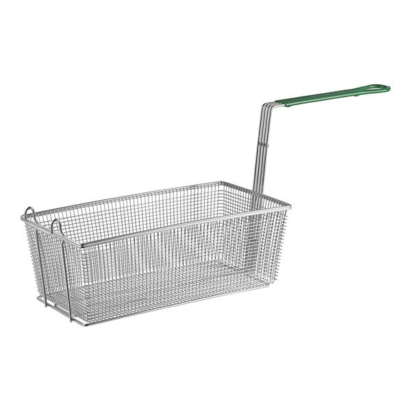 A Frymaster wire fryer basket with a green handle.