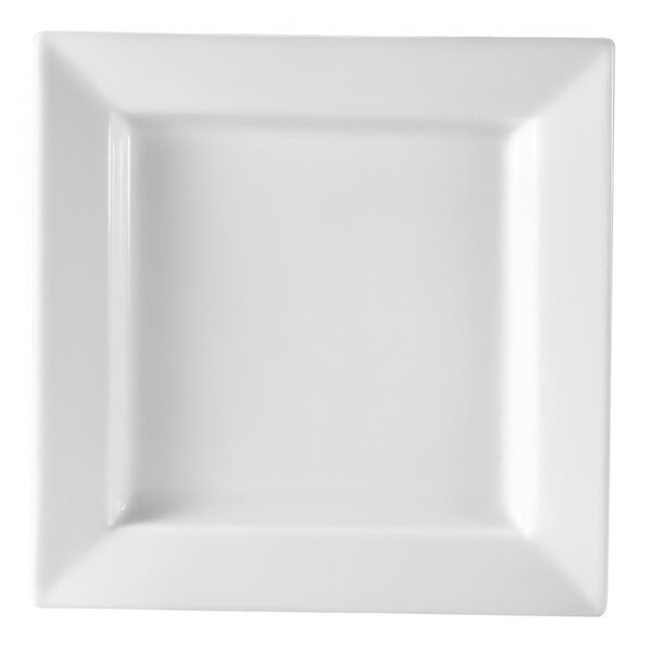 A bright white square porcelain plate with a square edge.