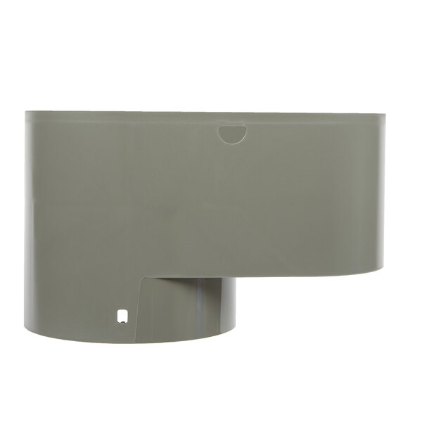 A grey plastic rectangular feed bowl with a hole.