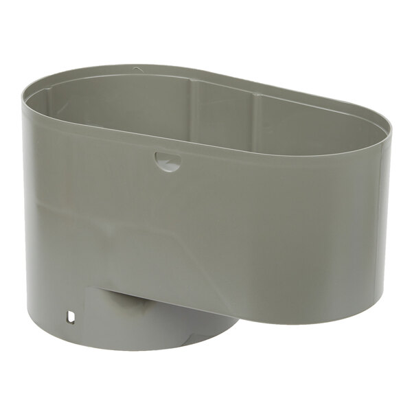 A grey plastic bowl with a handle and holes.