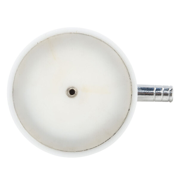 A white round plastic piston assembly with a hole in it and a metal handle.
