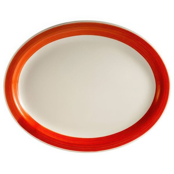 A red and white oval platter with a narrow rim.